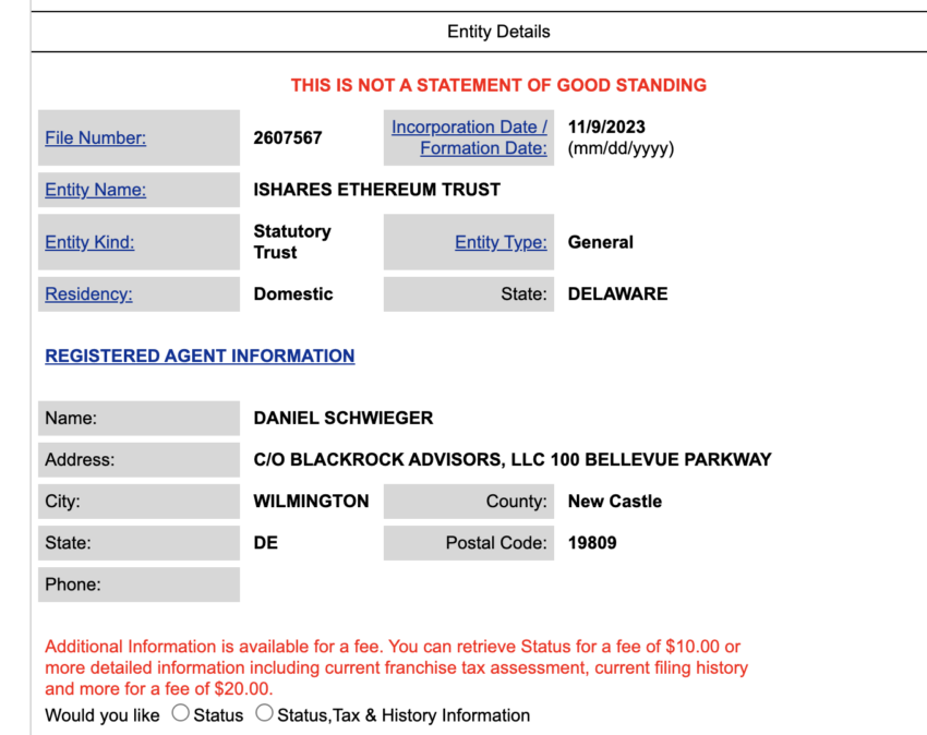 El registro del "iShares Ethereum Trust" de BlackRock se encuentra en el sitio web de de Delaware. 